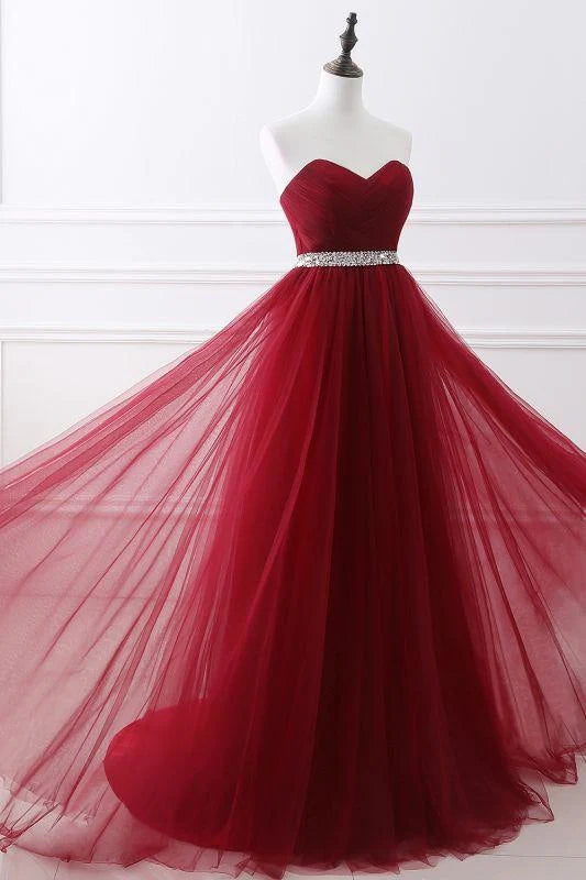 Elegant Lace up Strapless Sweetheart Tulle Prom Dress