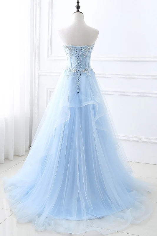 A-line Tulle Lace up Appliques Long Prom Dress