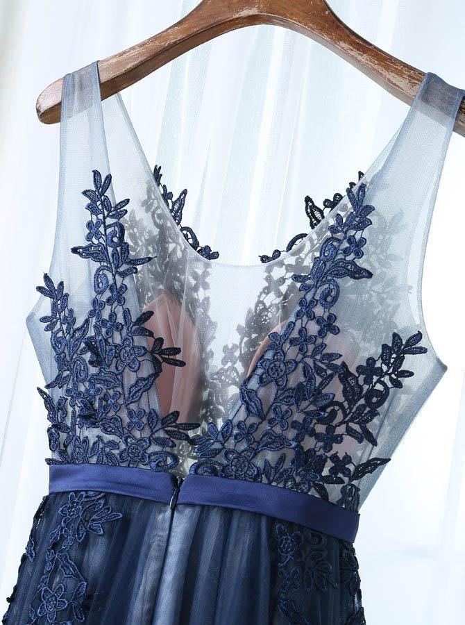 A Line V Neck Floor Length Appliques Tulle Prom Dress