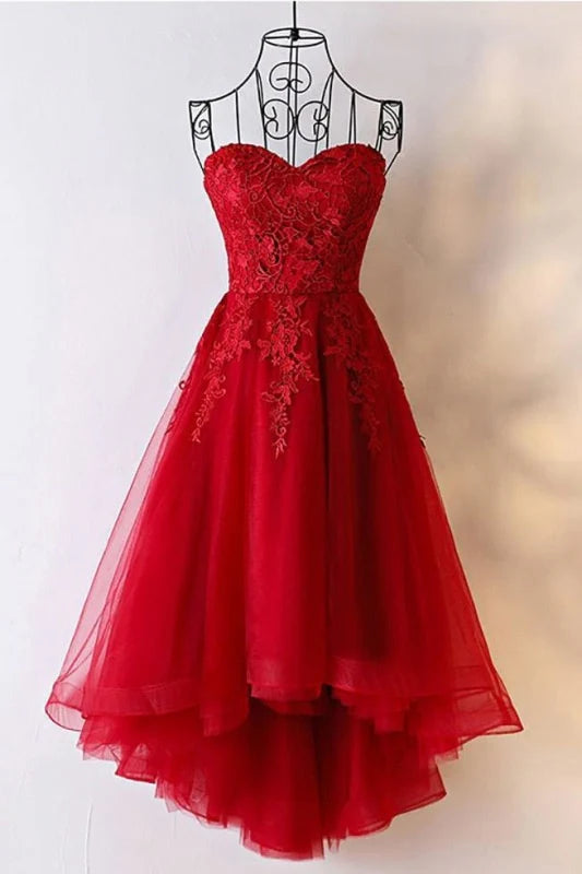 Sweetheart Appliques High Low Lace Up Back Tulle Prom Dress