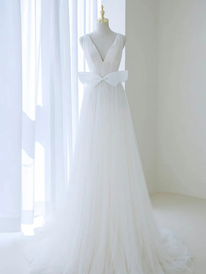 A-Line V Neck Tulle Long Wedding Dress