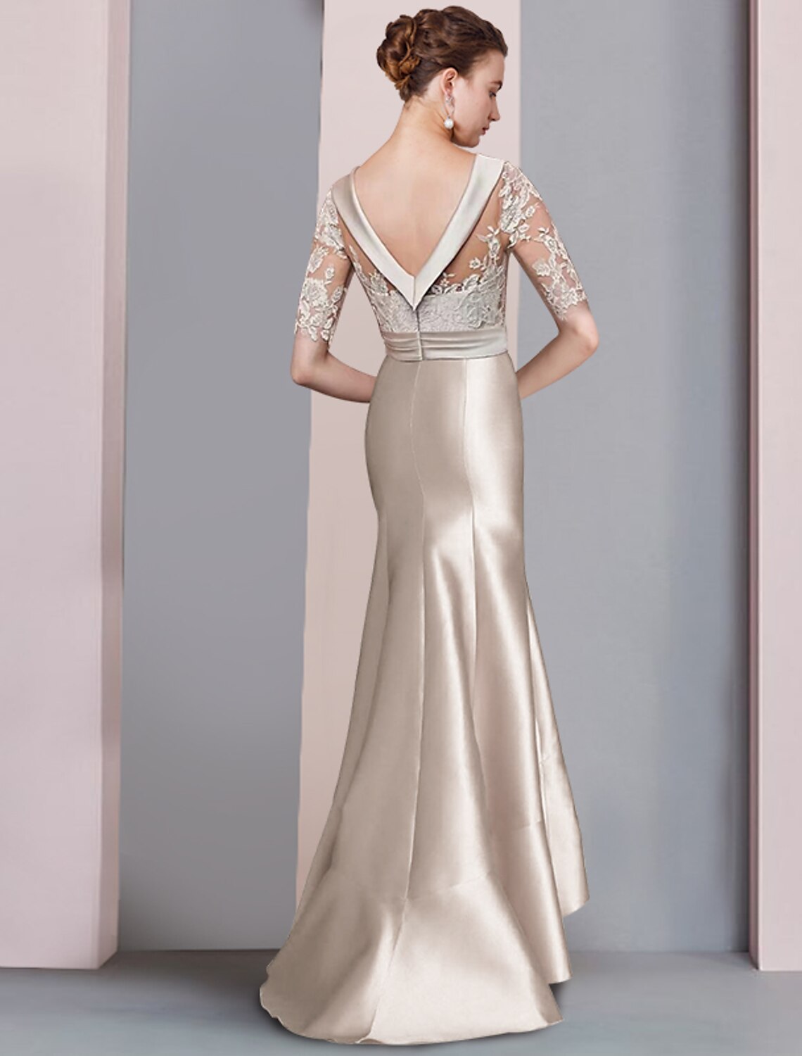 Mermaid / Trumpet Mother of the Bride Dress Formal Wedding Guest Elegant High Low Scoop Neck Sweep / Brush Train Asymmetrical Satin Lace Half Sleeve with Bow(s) Appliques