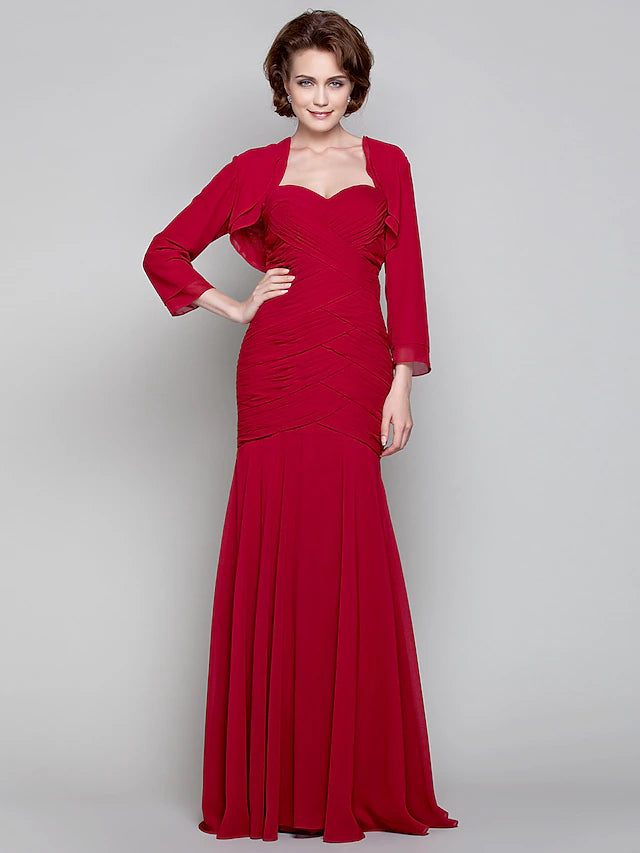 Mermaid / Trumpet Mother of the Bride Dress Two Piece Sweetheart Floor Length Chiffon Long Sleeve with Criss Cross