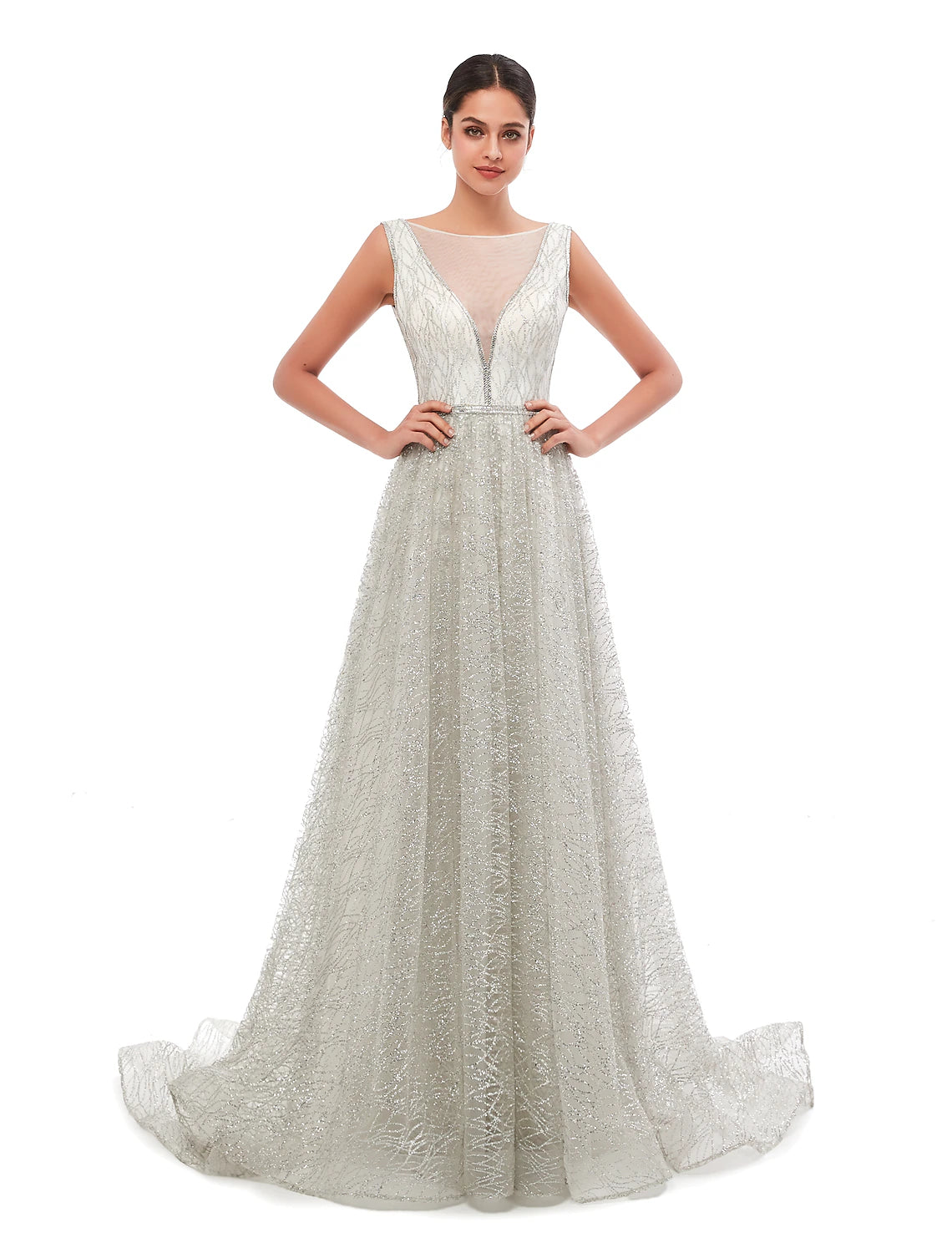 A-Line Evening Gown Vintage Dress Prom Court Train Sleeveless Illusion Neck Sequined with Sequin