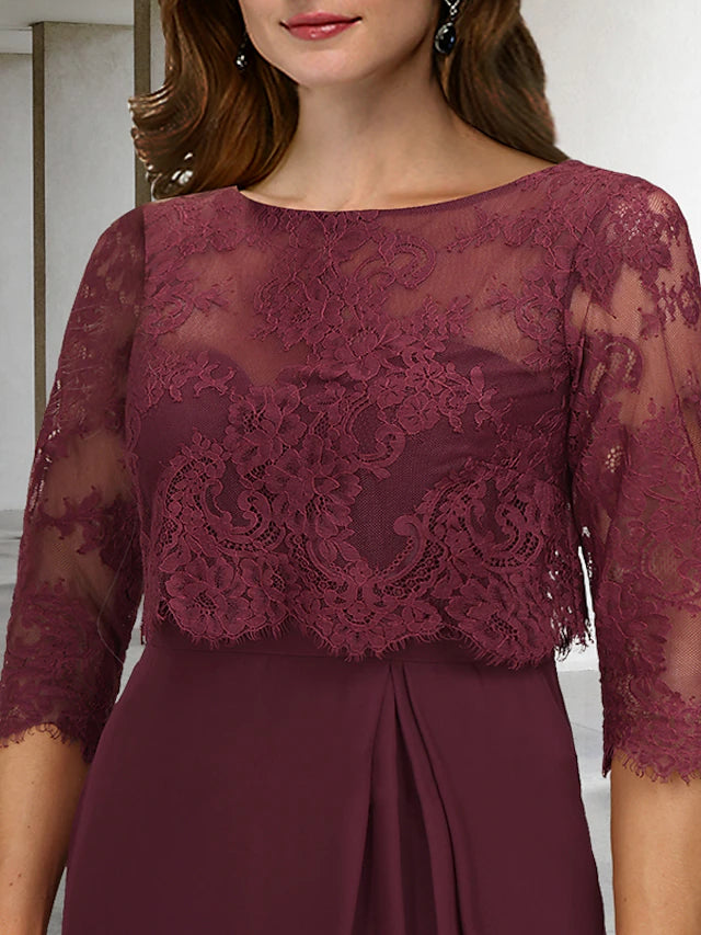 A-Line Plus Size Curve Mother of the Bride Dresses Vintage Dress Formal Knee Length Half Sleeve Jewel Neck Chiffon with Pleats Appliques