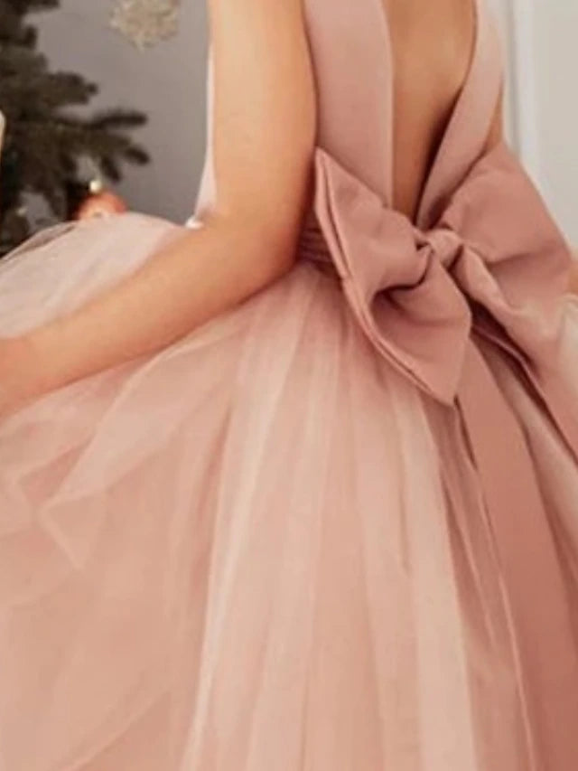 Kids Little Girls' Tutu flower Dress Solid Colored Party Wedding Special Occasion Backless Ruched Mesh Pink Lace Maxi Sleeveless Elegant Princess Beautiful Dusty rose Regular Fit 3-10 Years