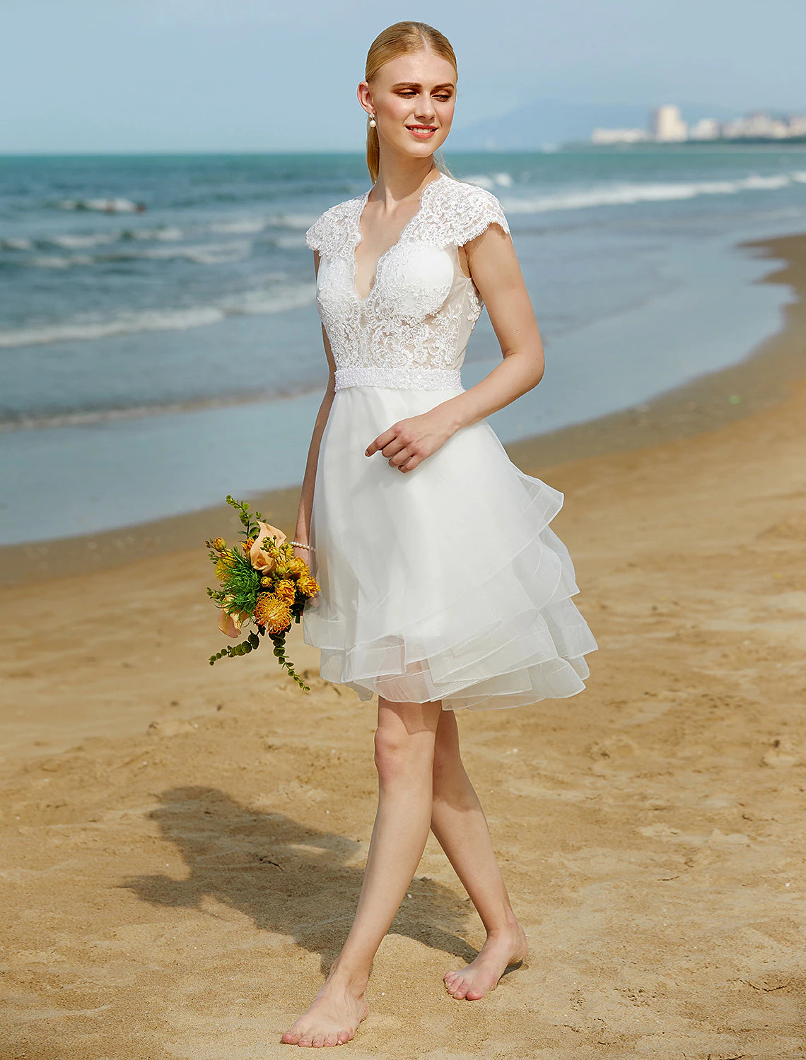 Wedding Dresses A-Line V Neck Sleeveless Knee Length Tulle Bridal Gowns With Sash / Ribbon Beading