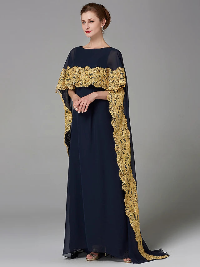 A-Line Mother of the Bride Dress Plus Size Elegant Bateau Neck Sweep / Brush Train Chiffon Sleeveless with Lace