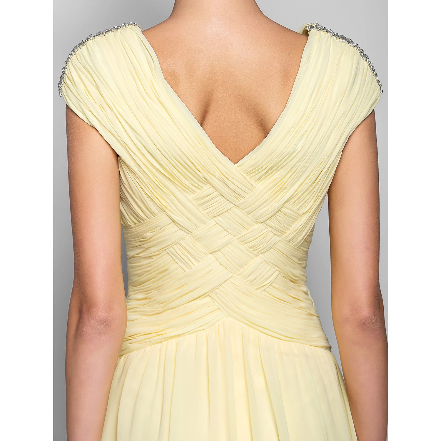 Sheath / Column Elegant Prom Formal Evening Military Ball Dress V Neck Short Sleeve Floor Length Chiffon with Criss Cross Crystals