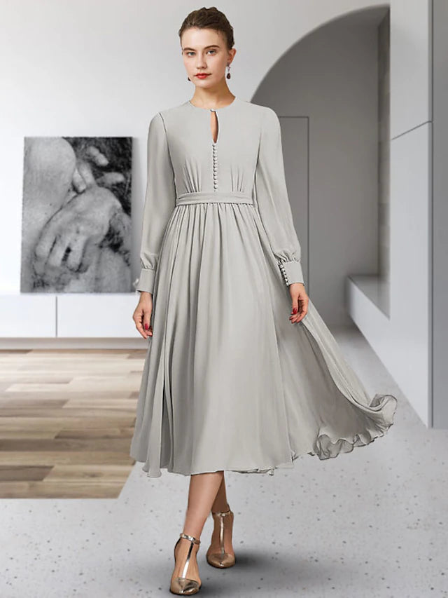 Sheath / Column Mother of the Bride Dress Simple Elegant Jewel Neck Tea Length Chiffon Long Sleeve with Sash / Ribbon Buttons Pleats