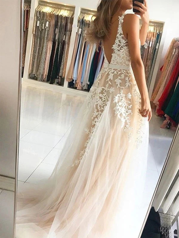 A Line V Neck Lace Long Prom Dresses