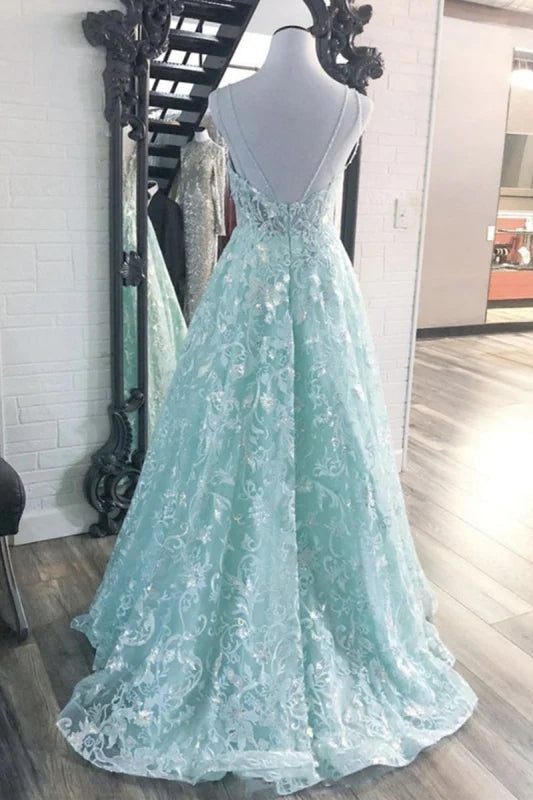 A Line V Neck Backless Lace Long Prom Dresses
