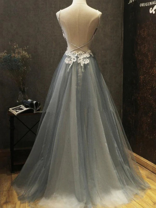 A Line Backless Lace Beading Tulle Long Prom Dresses