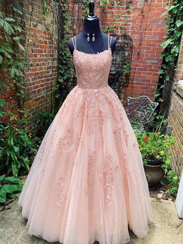 A Line Lace Long Prom Dresses