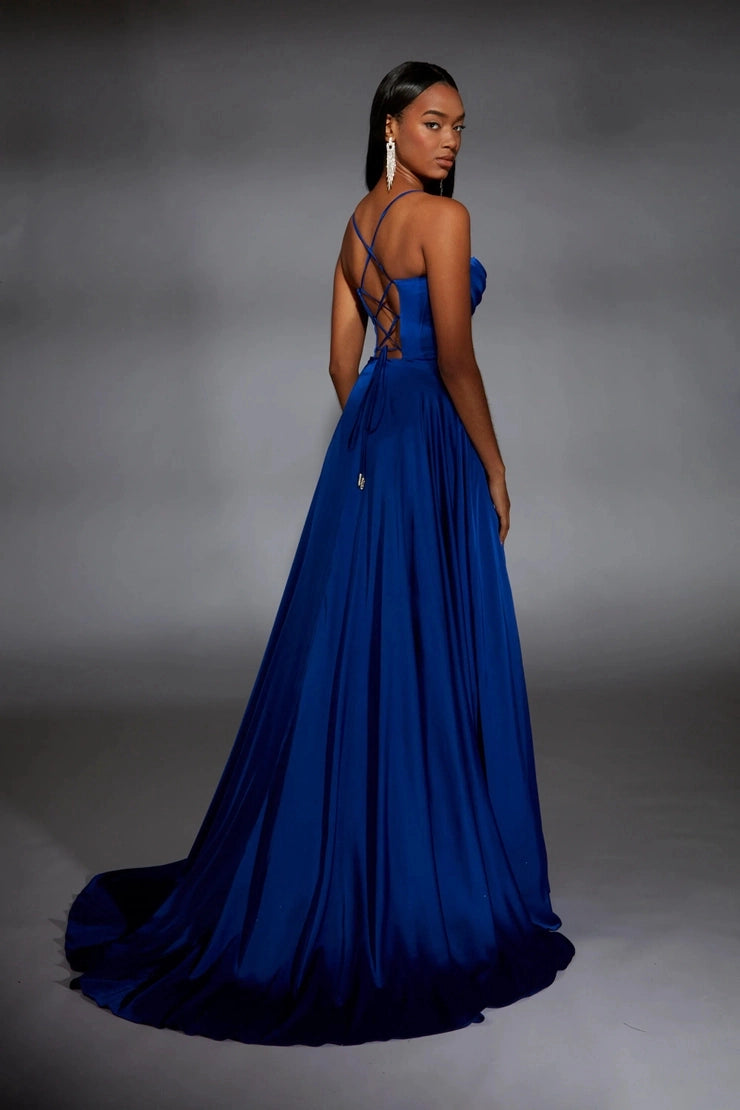Satin A-Line Cowl Spaghetti Strap Corset Lace Up Slit Long Prom Dress