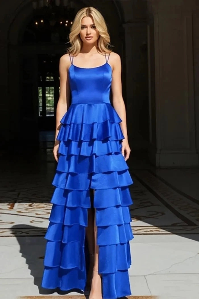 Elegant A Line Square Neck Spaghetti Strap Lace Up Back Floor Length Prom Dress