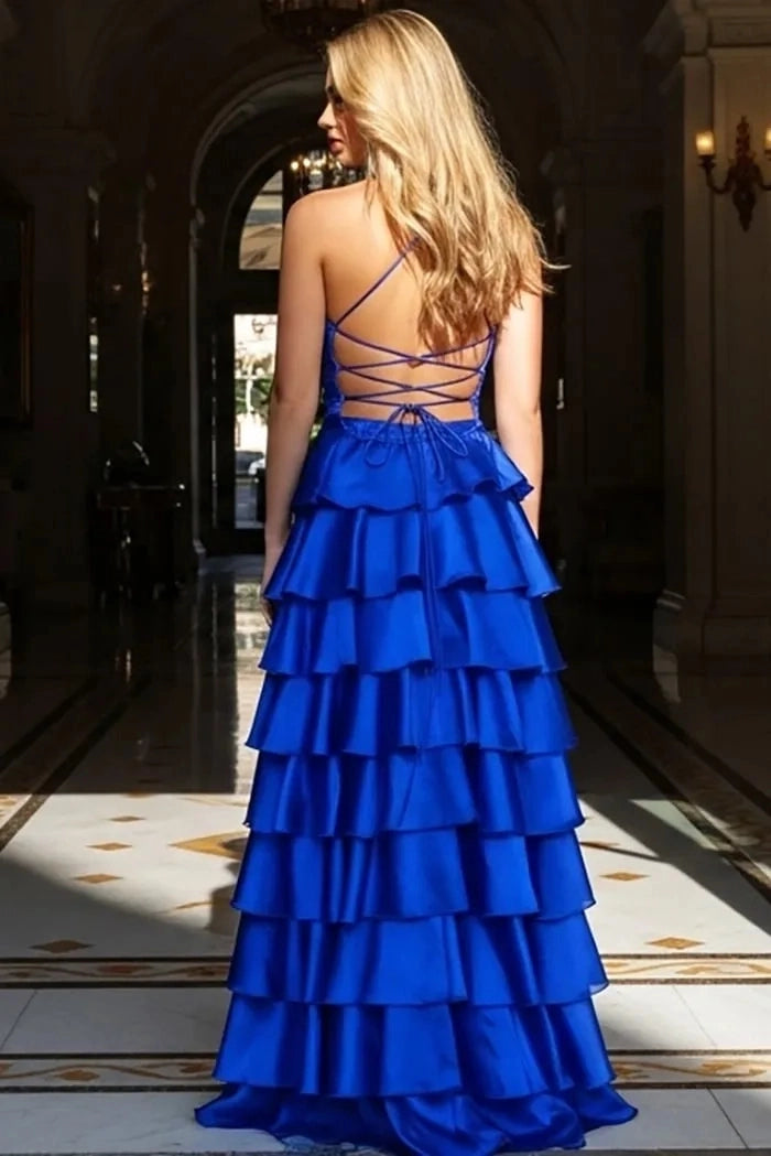 Elegant A Line Square Neck Spaghetti Strap Lace Up Back Floor Length Prom Dress