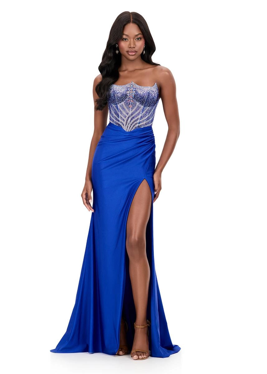 Glamorous Mermaid Strapless Open Back High Slit Beaded Long Prom Dress