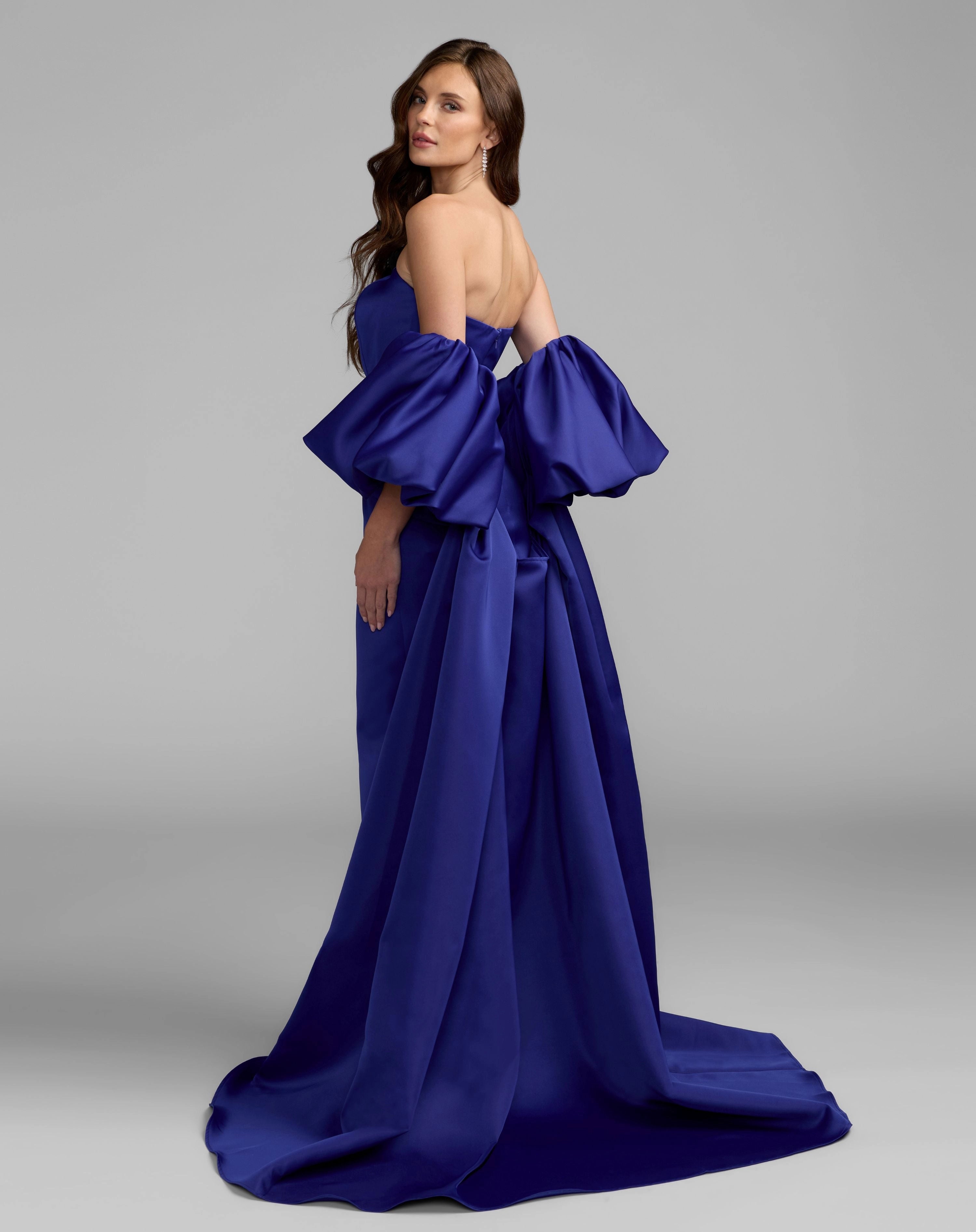 Strapless detachable puff sleeve satin prom gown