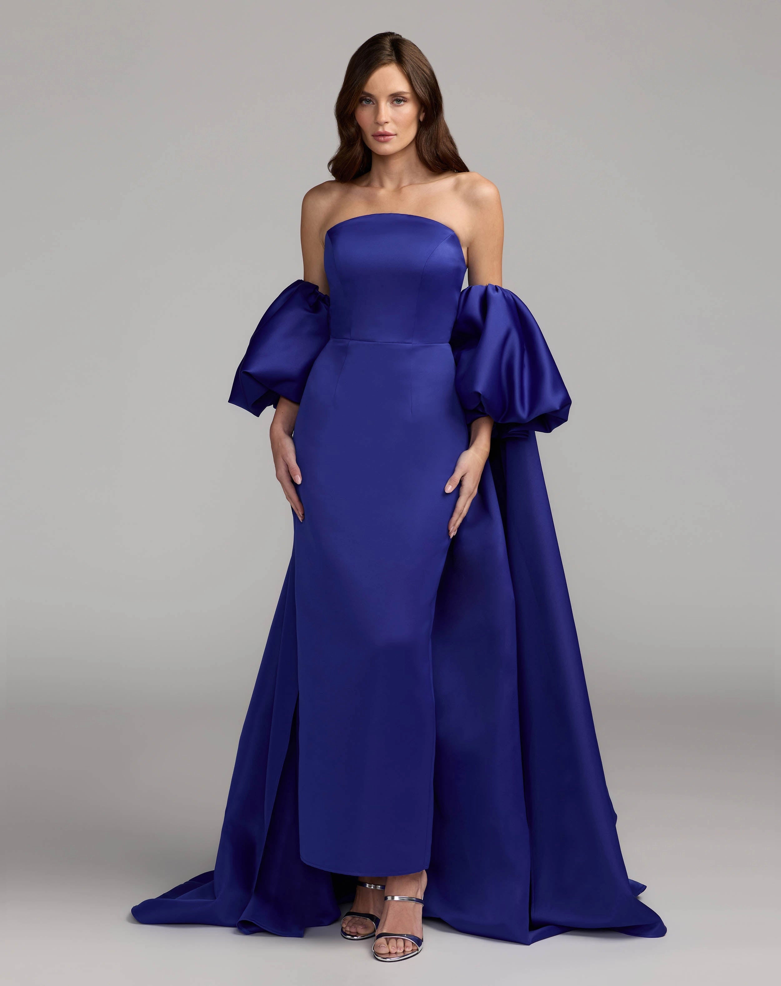 Strapless detachable puff sleeve satin prom gown