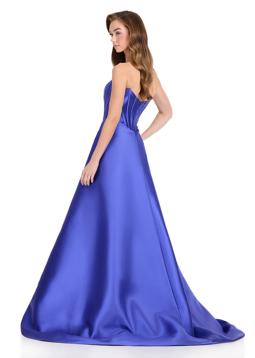 Strapless Royal Blue Satin A Line Pleated Corset Prom Dress Train