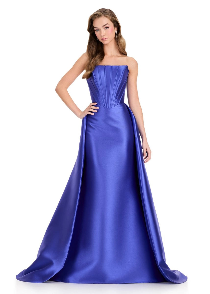 Strapless Royal Blue Satin A Line Pleated Corset Prom Dress Train
