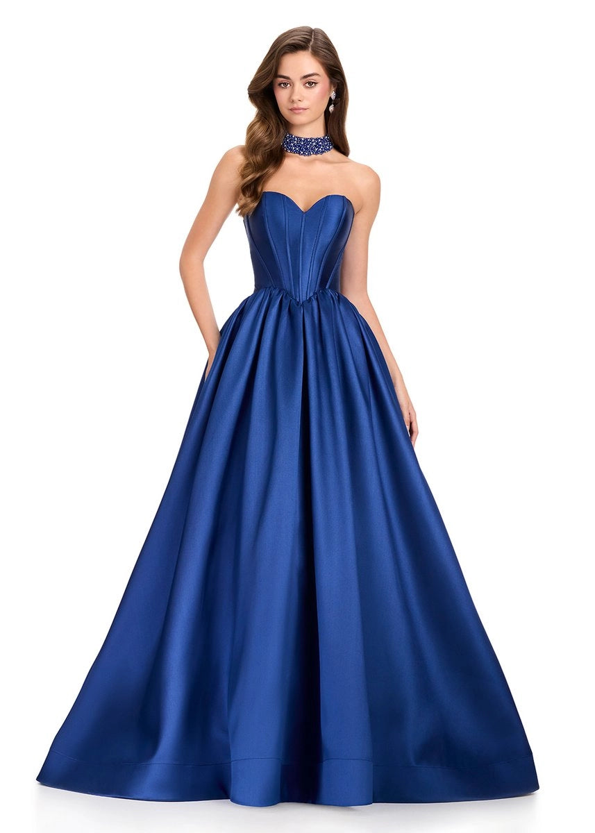 Royal Blue Strapless Sweetheart Satin A Line Prom Dress Corset Bodice With Pockets
