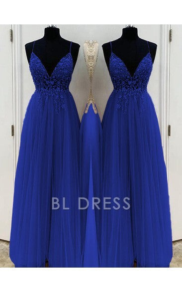 A-Line/Elegant Spaghetti Straps Sleeveless Beading Tulle Floor-Length formal dresses Bridesmaid Dresses evening gown Prom Dress With Split
