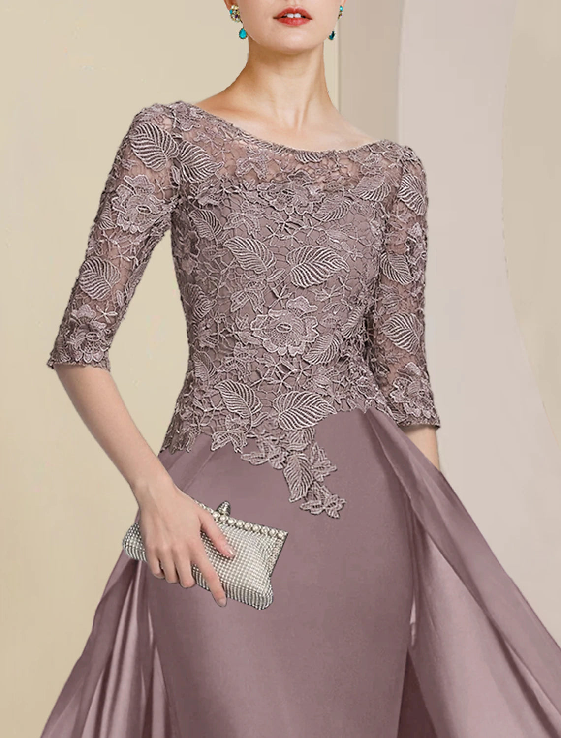 Sheath / Column Mother of the Bride Dress Formal Wedding Guest Elegant Scoop Neck Floor Length Chiffon Lace Half Sleeve with Appliques