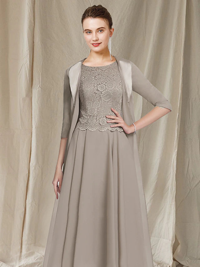 Two Piece A-Line Mother of the Bride Dress Church Elegant Jewel Neck Tea Length Chiffon Lace Half Sleeve Jacket Dresses with Appliques
