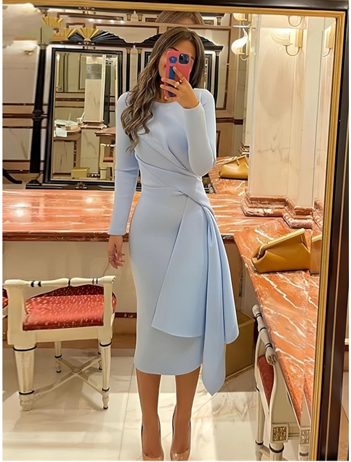 Etuikleid, formelles Cocktailkleid, elegantes Weihnachtskleid, rot-grün, formelles Herbstkleid, knielang, lange Ärmel, Rundhalsausschnitt, Stretchstoff mit Falten, gerüscht