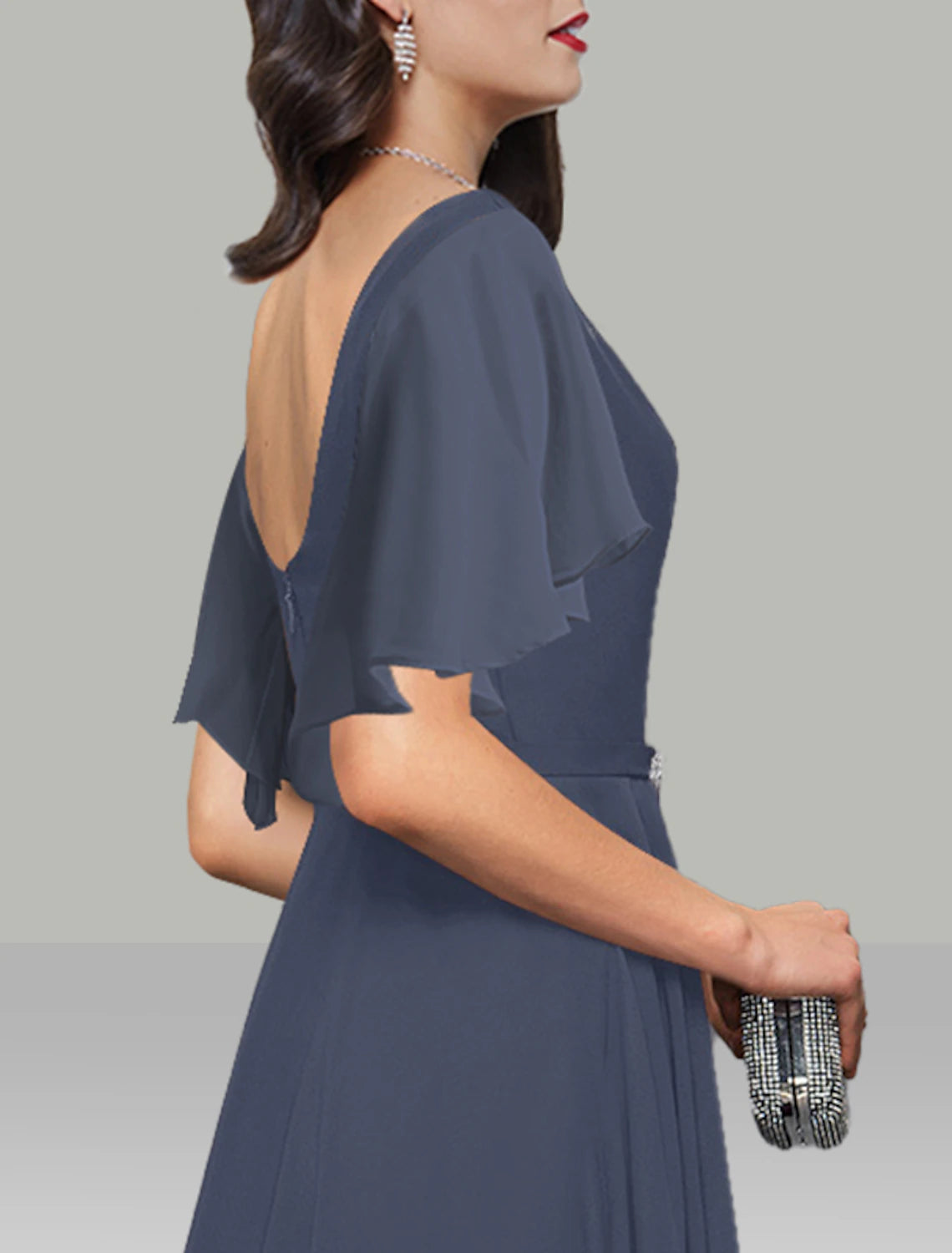 A-Linie Kleider für Hochzeitsgäste Elegantes Kleid Cocktailparty Kentucky Derby Teelänge Kurzarm Wasserfallausschnitt Gürtel/Schärpe Chiffon mit Strass