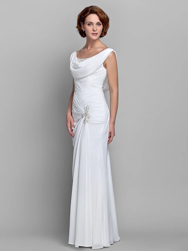 Sheath / Column Mother of the Bride Dress Vintage Inspired Cowl Neck Floor Length Chiffon Sleeveless with Buttons Criss Cross Crystals