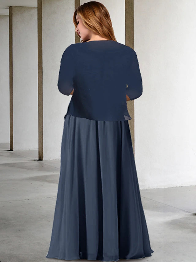Two Piece A-Line Plus Size Curve Mother of the Bride Dresses Elegant Dress Formal Floor Length Half Sleeve V Neck Chiffon with Pleats Appliques