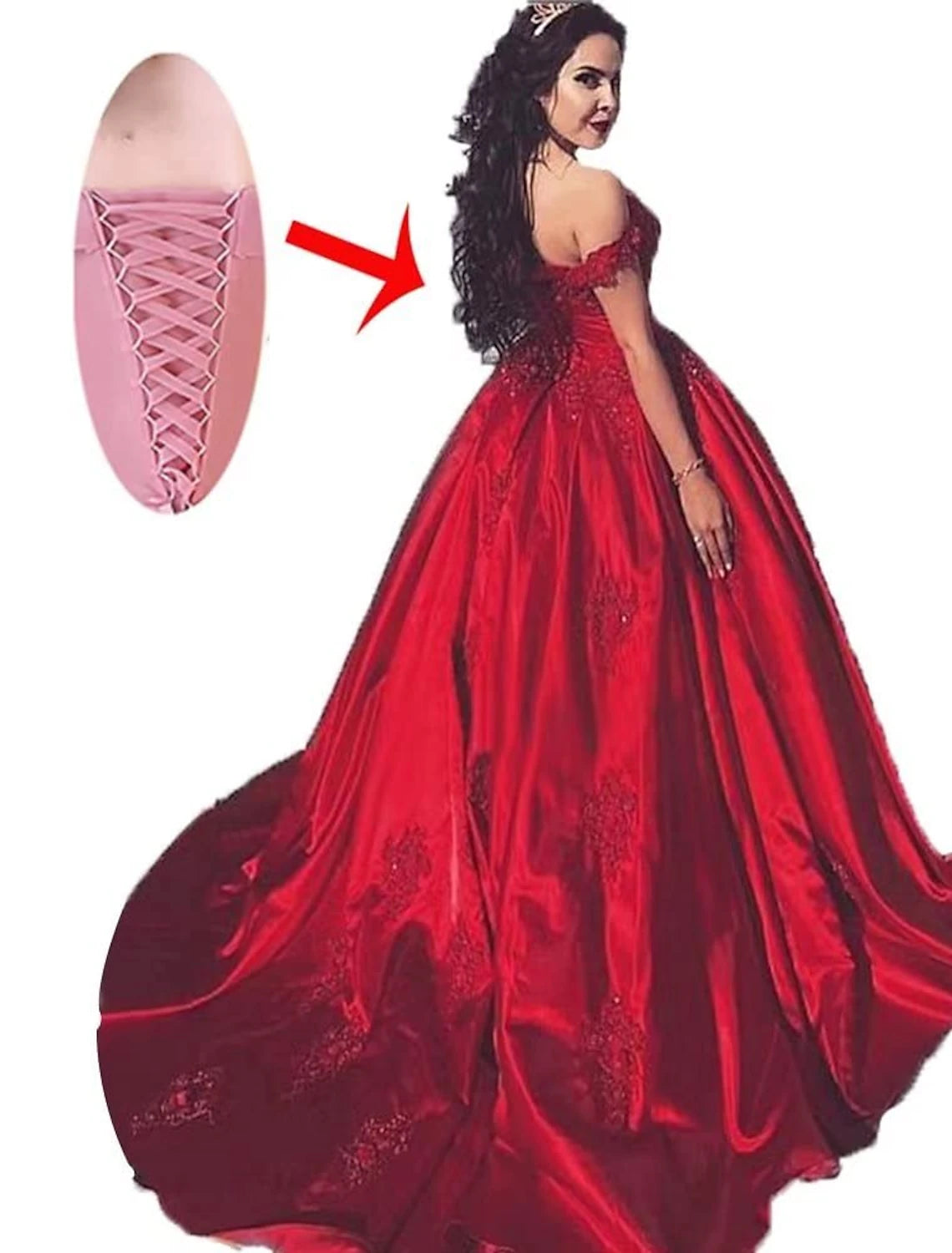 Ballkleid, luxuriös, sexy, Quinceanera, formeller Abend, Valentinstagskleid, schulterfrei, kurze Ärmel, Kapellenschleppe, Spitze mit Applikationen