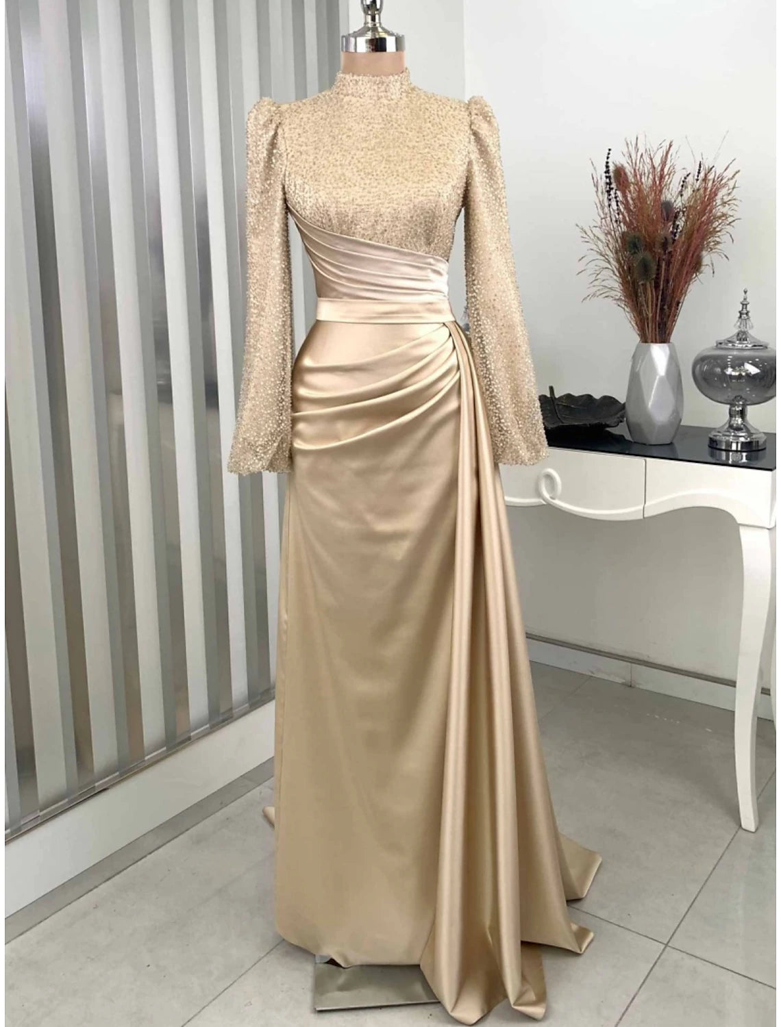 A-Line Evening Gown Champagne Christmas Elegant Dress Formal Sweep / Brush Train Long Sleeve High Neck Satin with Glitter Pleats Ruched