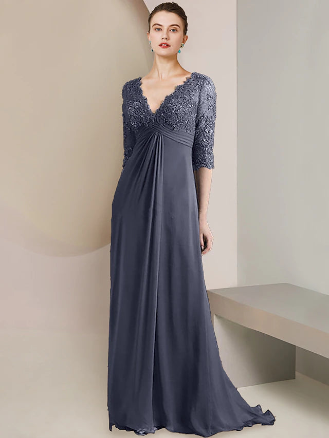 A-Line Mother of the Bride Dress Formal Elegant V Neck Court Train Chiffon Lace Half Sleeve with Ruched Appliques