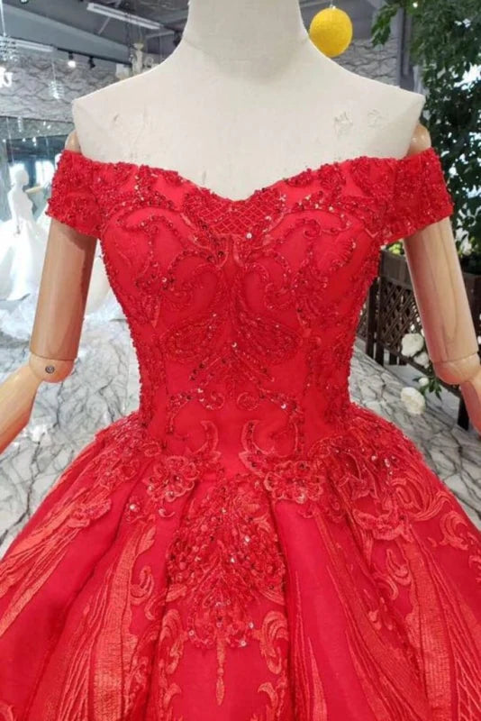 Off the Shoulder Princess Lace Appliques Beads Prom Dress
