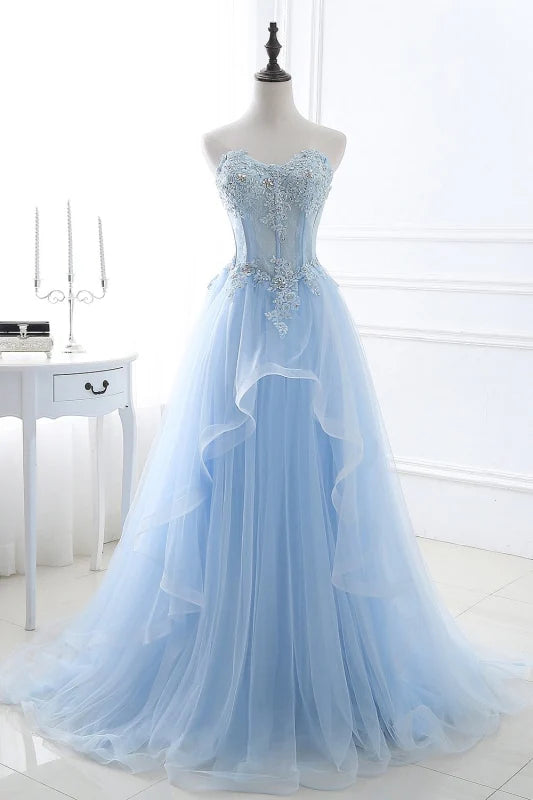 A-line Tulle Lace up Appliques Long Prom Dress