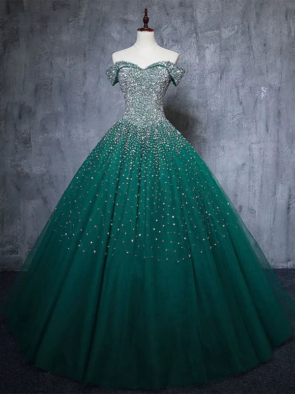 Gorgeous Off Shoulder Beaded Tulle Long Prom Dresses