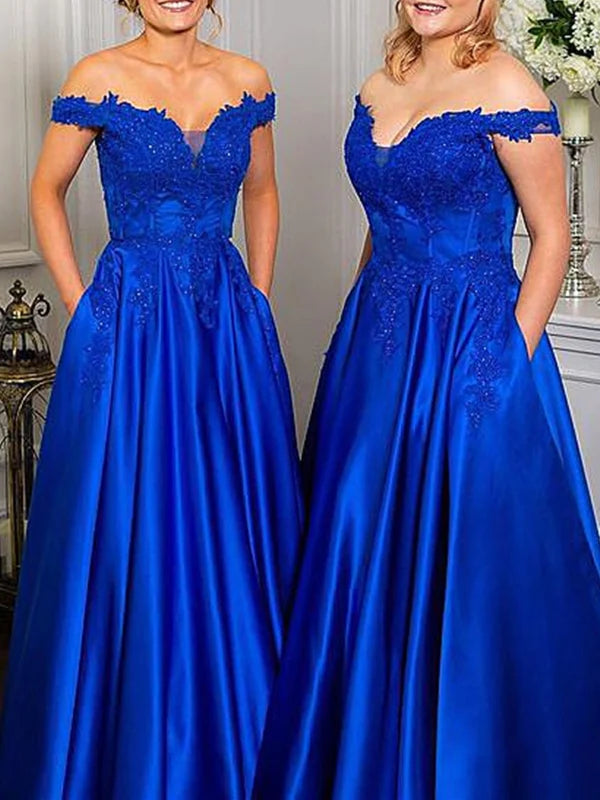Off Shoulder Beaded Lace Long Prom Dresses
