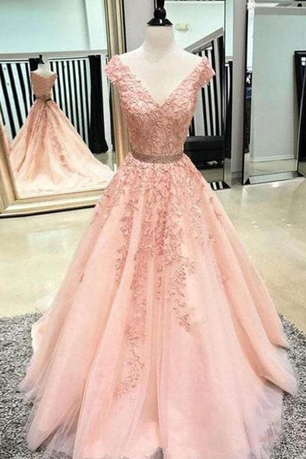 A-line V Neck Sleeves Lace Long Prom Dresses