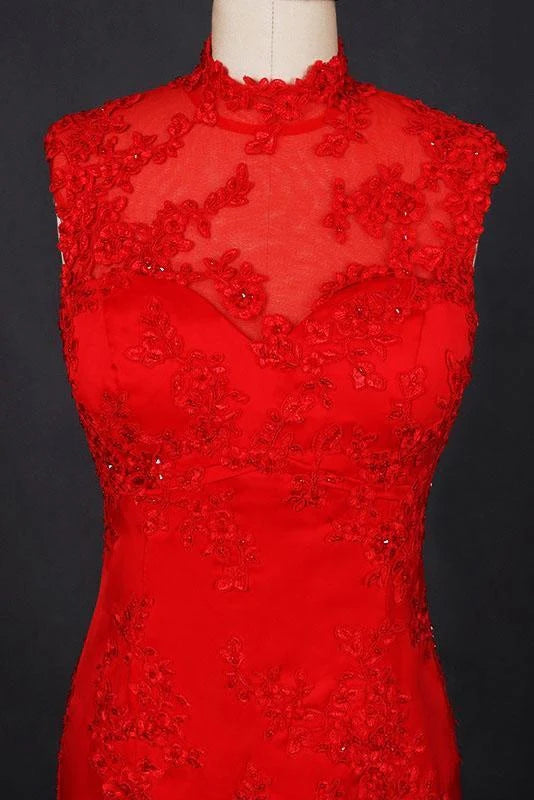 High Neck Sleeveless Appliques Satin Evening Dress Prom Dresses