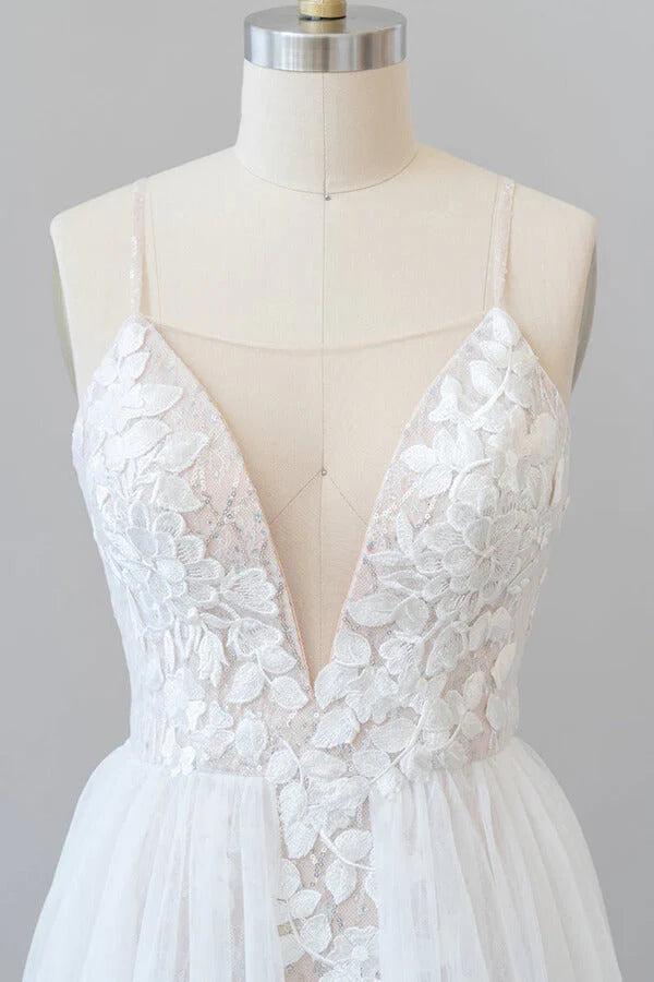 A-line Chapel Train Appliques Tulle Backless Long Wedding Dress