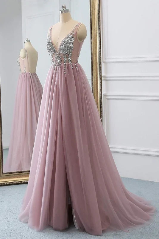 A Line Tulle Sparkly V Neck Rhinestone Long Prom Dress