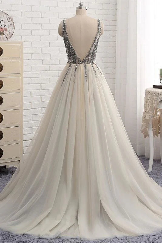 Deep V neck Bling Sleeveless Tulle Sequins Formal Dresses Prom Dress