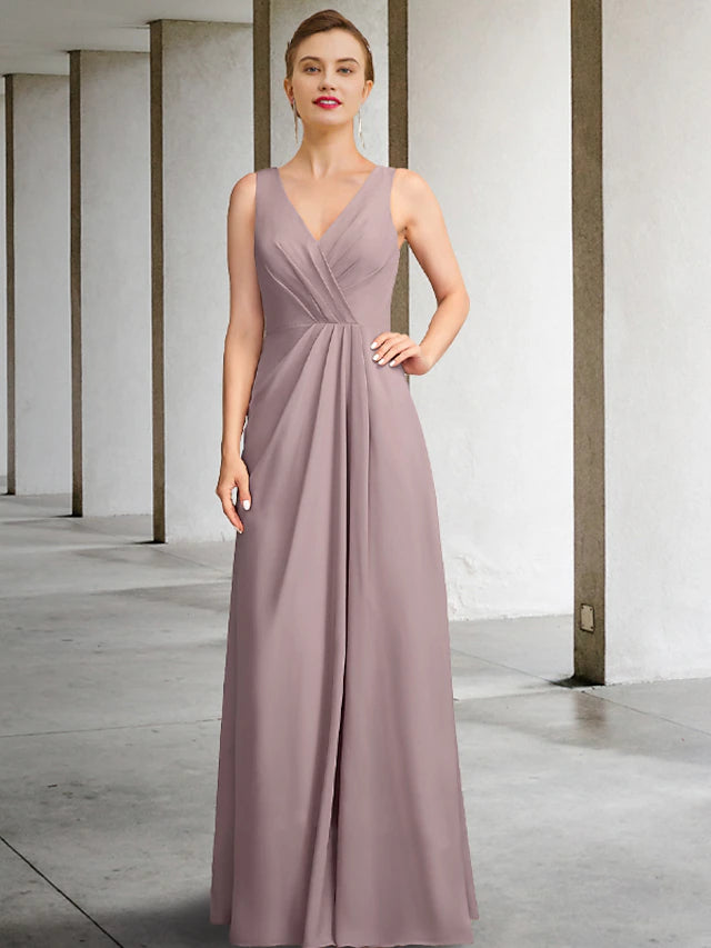 Two Piece Mother of the Bride Dress Plus Size Elegant V Neck Floor Length Chiffon Sleeveless Wrap Included Jacket Dresses with Pleats Ruffles