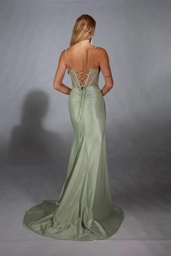 Beaded Mermaid V-Neck Spaghetti Strap Corset Lace Up Slit Long Prom Dress