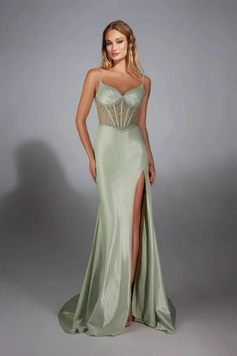 Beaded Mermaid V-Neck Spaghetti Strap Corset Lace Up Slit Long Prom Dress