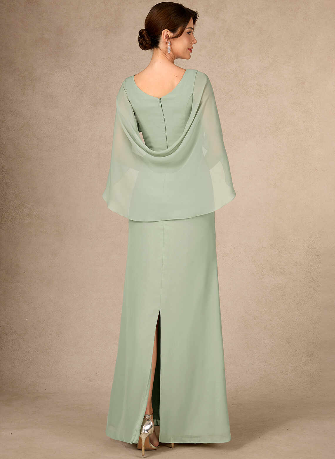 Sage Green Chiffon Sheath Round Neck Cape Sleeve V Back Slit Floor Mother of the Bride Dress